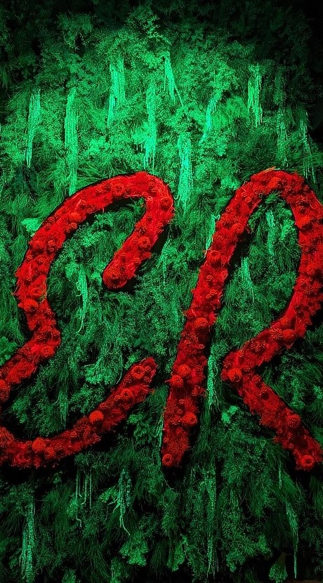 Image de face du logo rouge E-R en plantes stabilisées rouges et vertes pour l'hôtel de luxe Eden-Rock fait sur-mesure